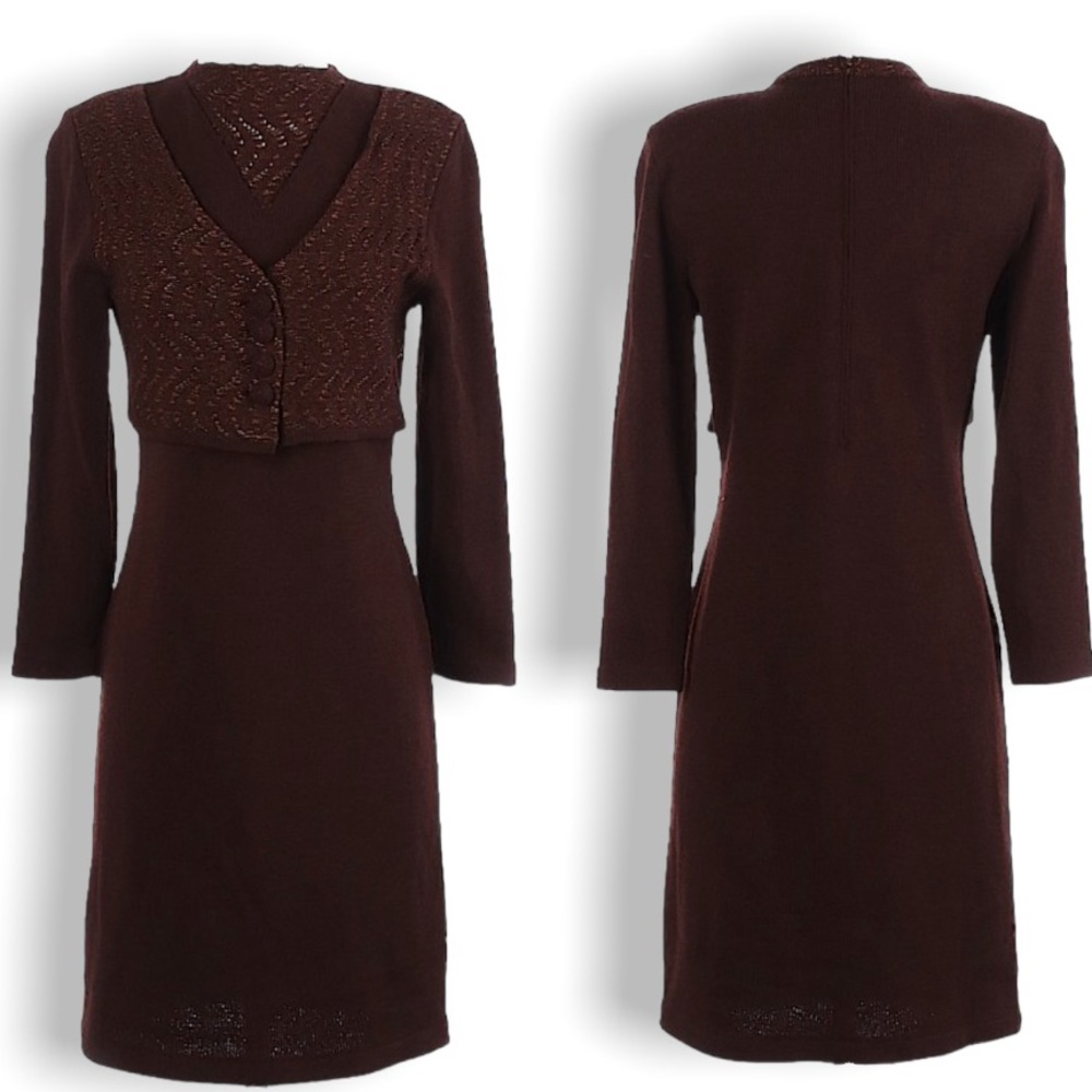 Vintage Mike Korwin Wool Knit Dress Small Chocolate Brown Wool Blend Mock Neck